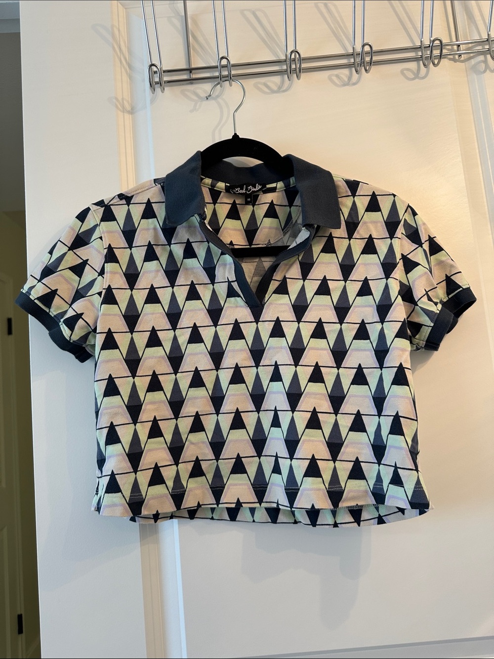Bad Birdie Geometric Golf Polo Crop Top - Navy & Pastel